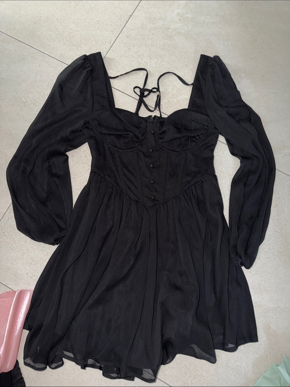Black Long-Sleeve Mini Dress with Corset Bodice